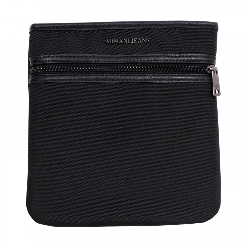 Text Logo Black Bag for Men with Top Zip Closure and Front Pocket
