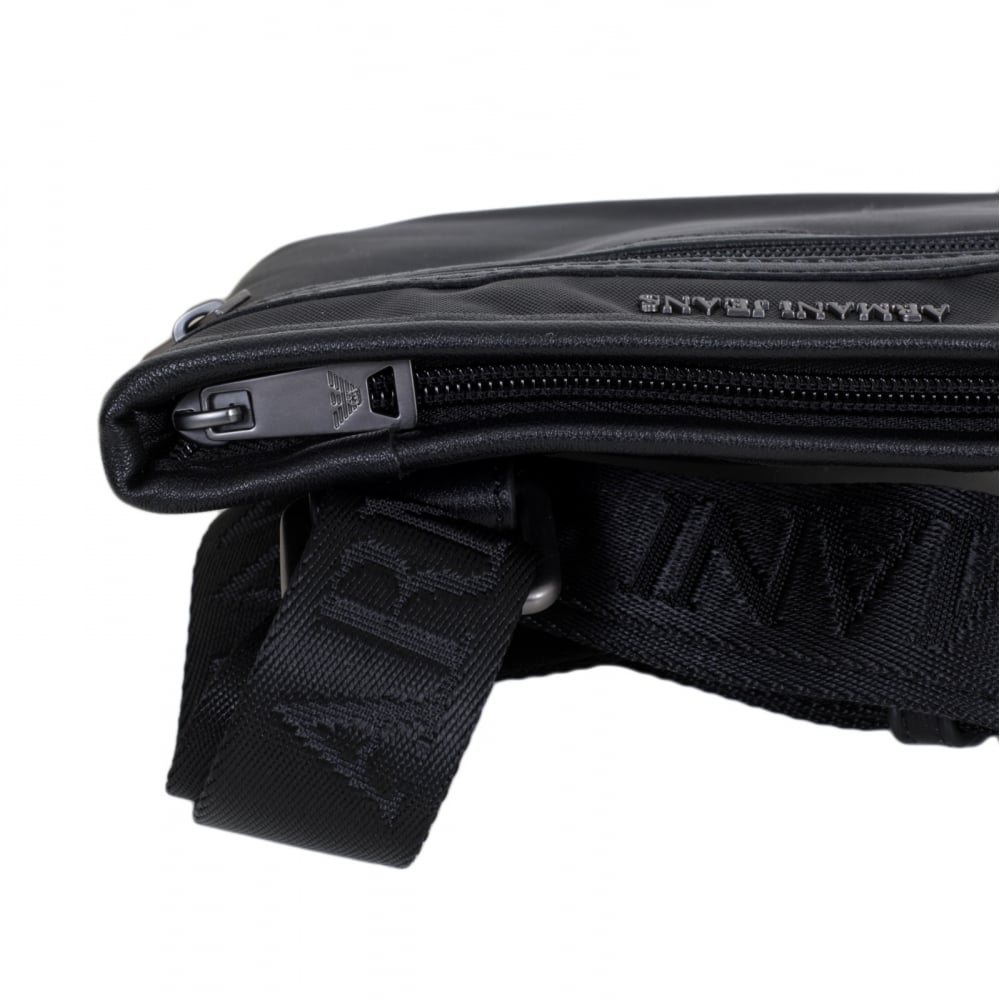 Text Logo Black Bag for Men with Top Zip Closure and Front Pocket