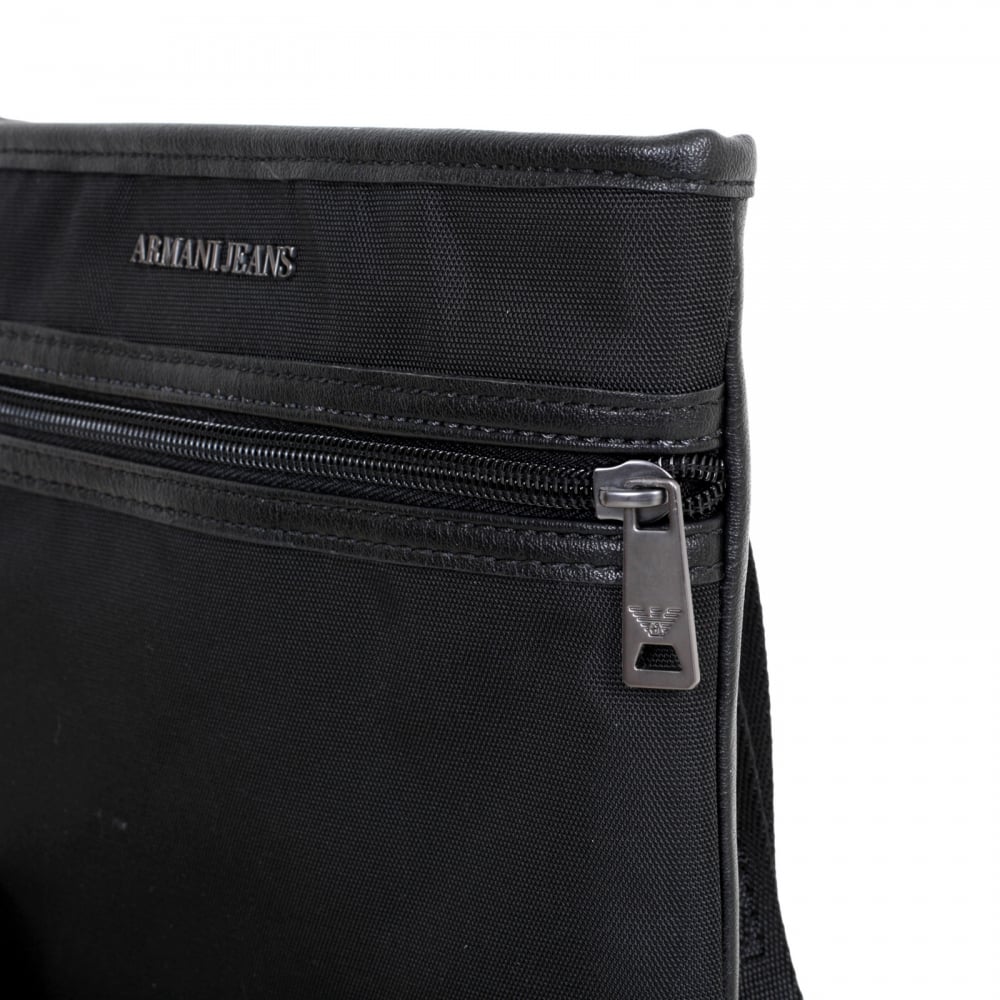 Text Logo Black Bag for Men with Top Zip Closure and Front Pocket