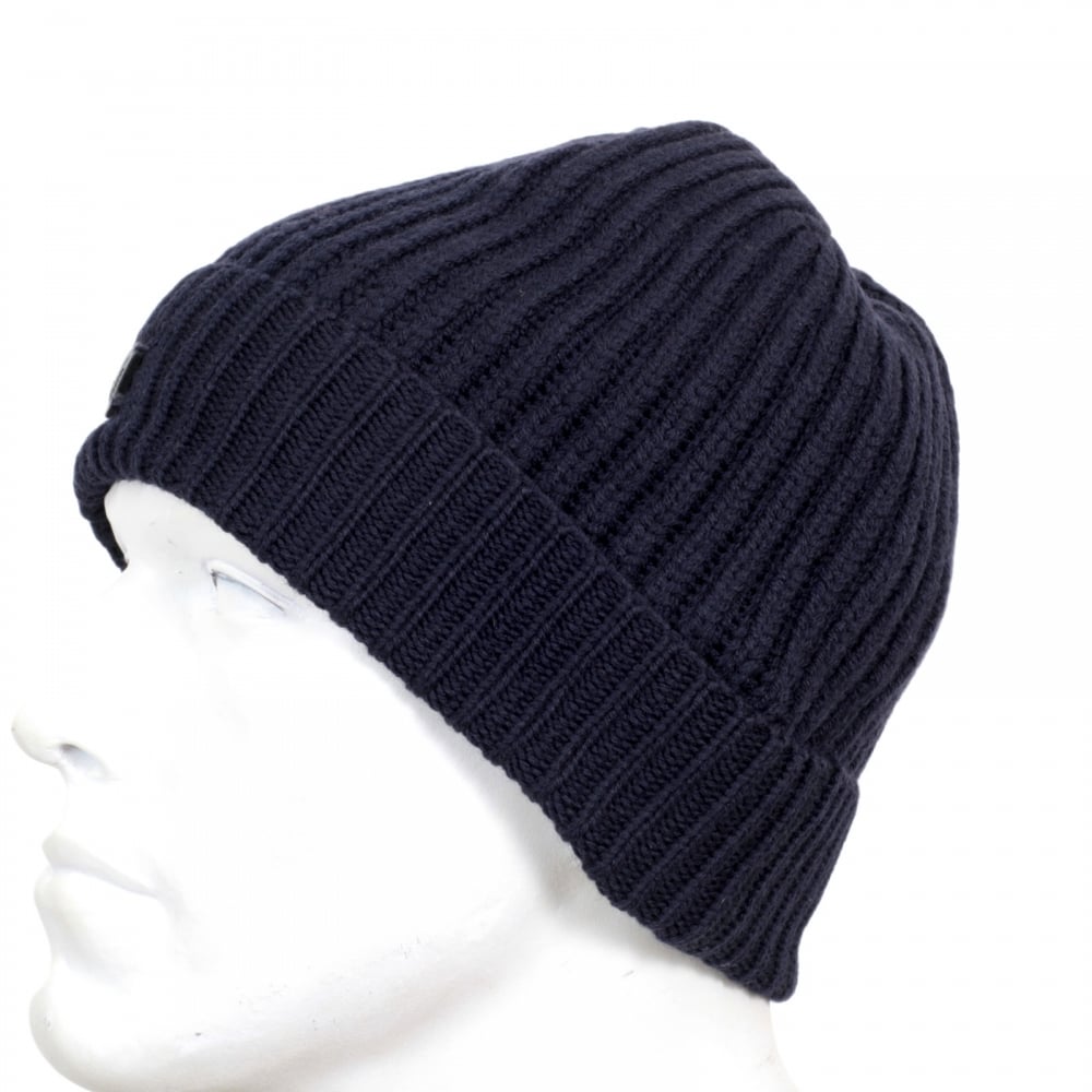 Mens Ribbed Knit Navy 934029 6A757 100% Wool Beanie Hat with Signature AJ Eagle Logo Applique Badge