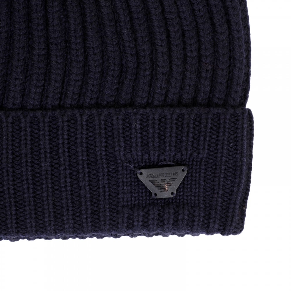 Mens Ribbed Knit Navy 934029 6A757 100% Wool Beanie Hat with Signature AJ Eagle Logo Applique Badge