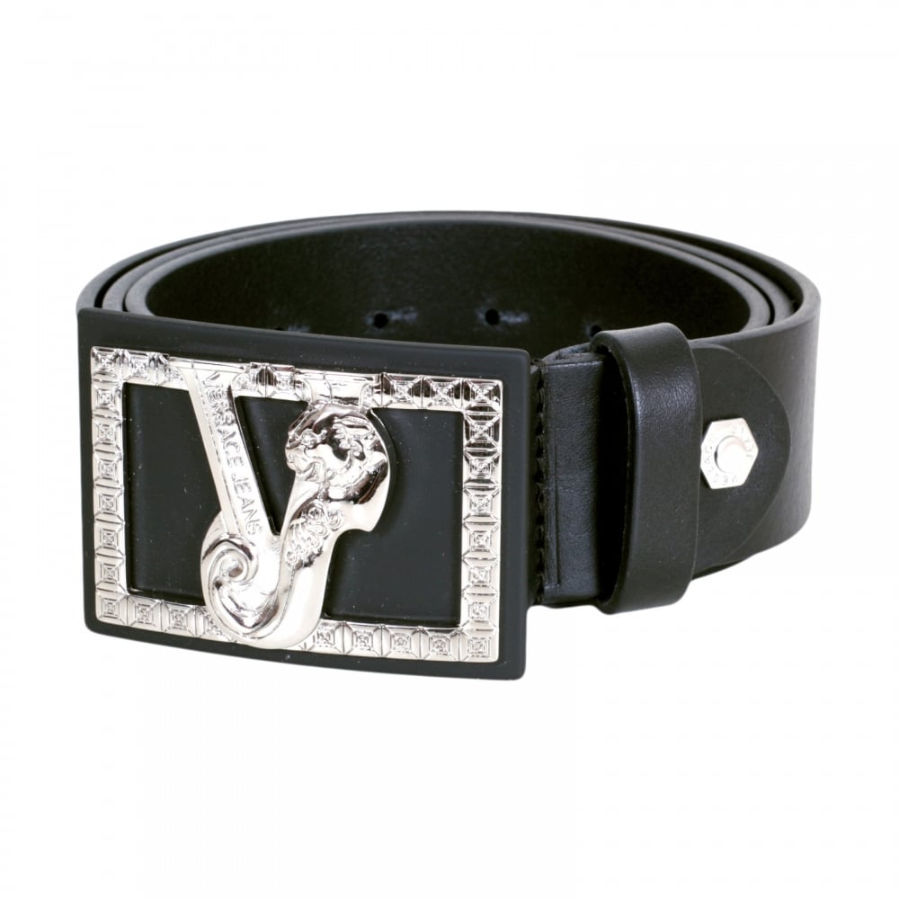 Black Grain Leather Belt for Men with Black and Silver Signature Logo Buckle