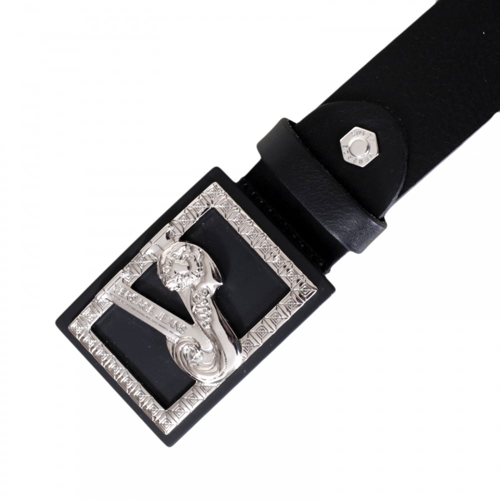 Black Grain Leather Belt for Men with Black and Silver Signature Logo Buckle