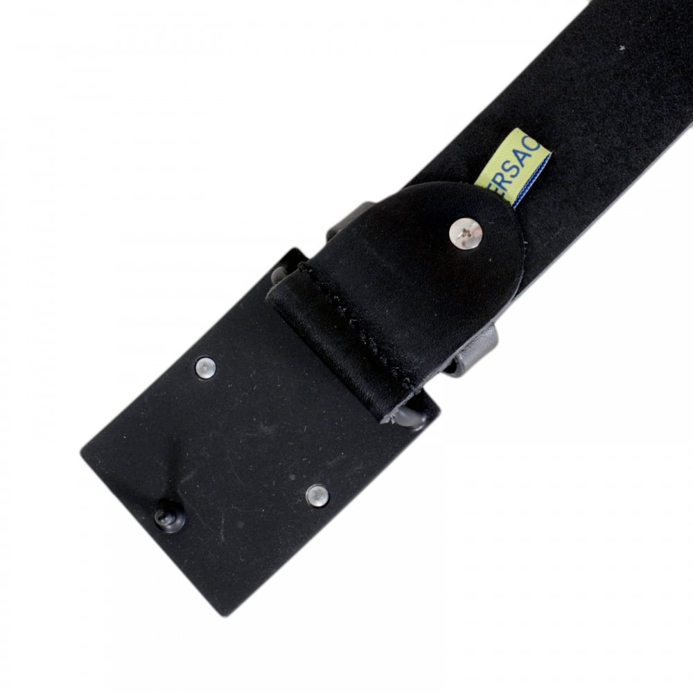 Black Grain Leather Belt for Men with Black and Silver Signature Logo Buckle