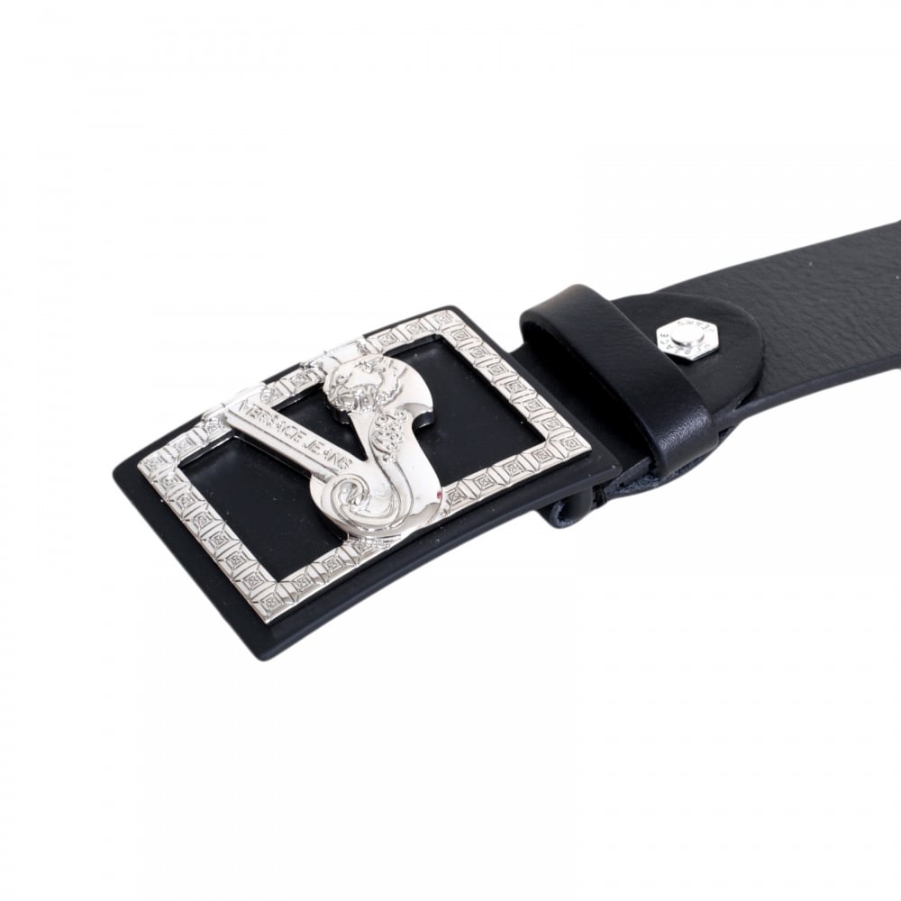 Black Grain Leather Belt for Men with Black and Silver Signature Logo Buckle