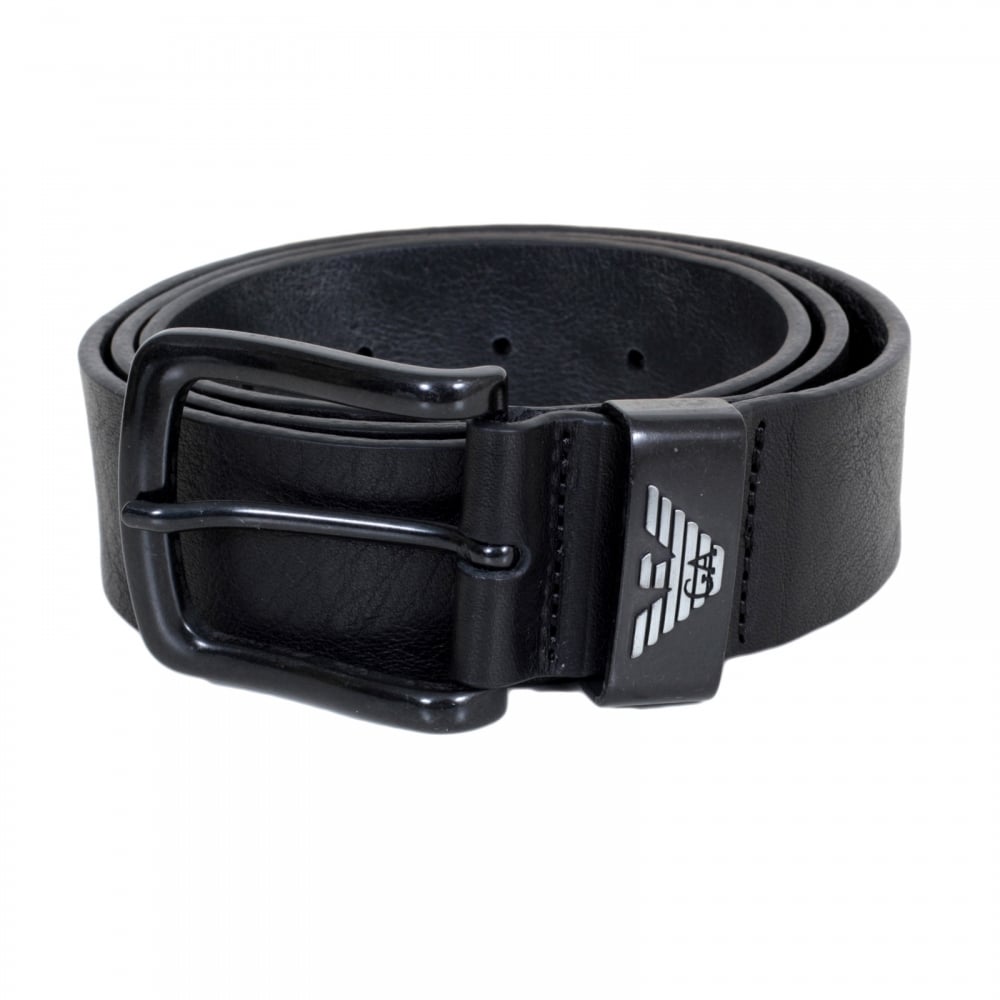 Black Leather Casual Belt for Men with Pointed Belt Tip and Signature Eagle Logo on Belt Loop in Silver
