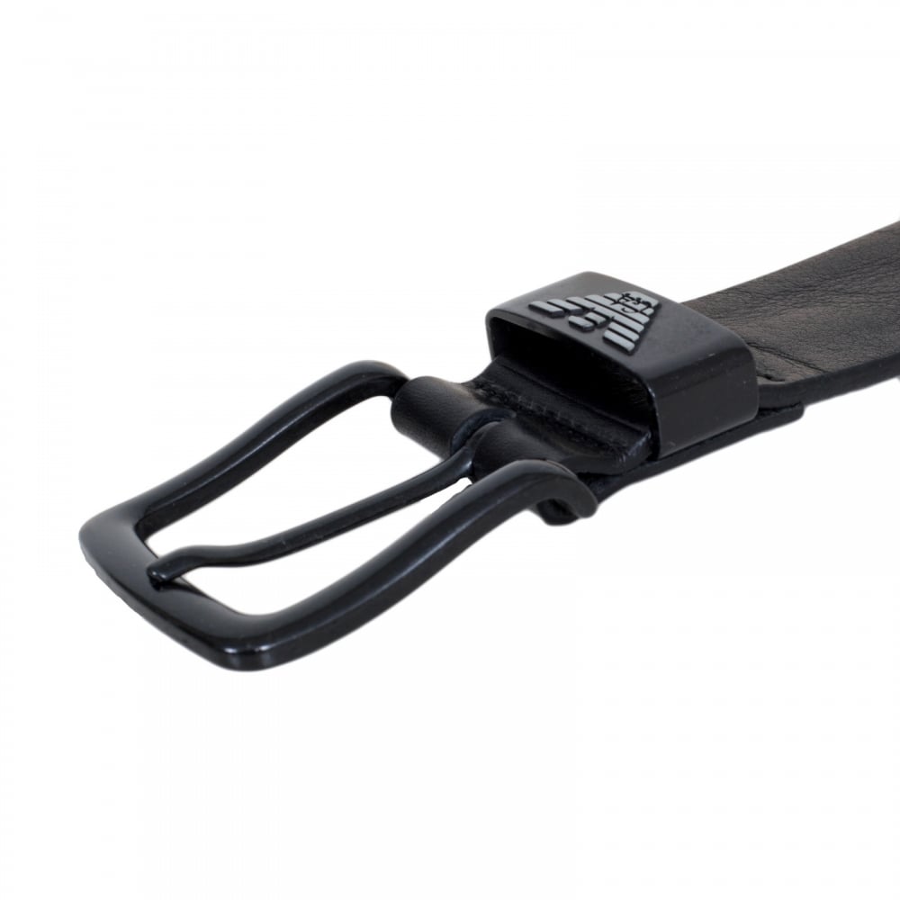 Black Leather Casual Belt for Men with Pointed Belt Tip and Signature Eagle Logo on Belt Loop in Silver