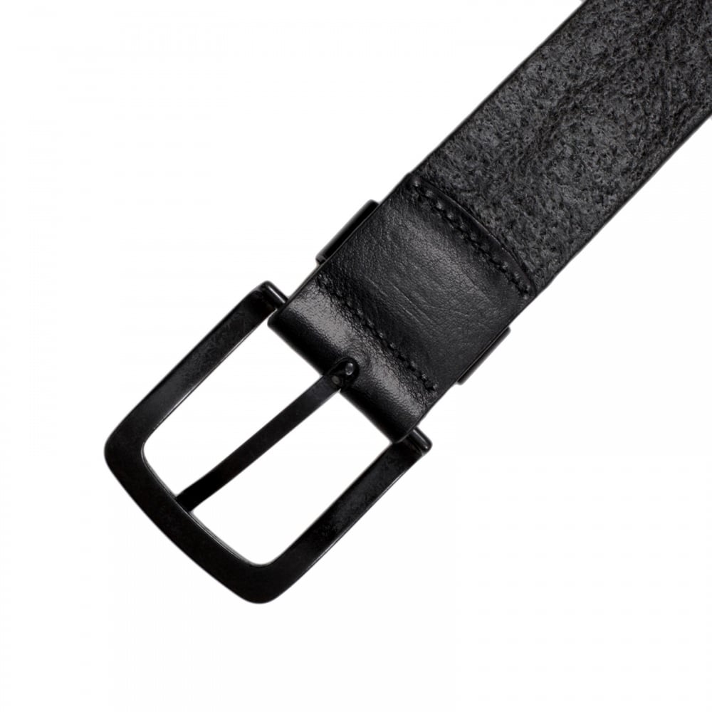 Black Leather Casual Belt for Men with Pointed Belt Tip and Signature Eagle Logo on Belt Loop in Silver