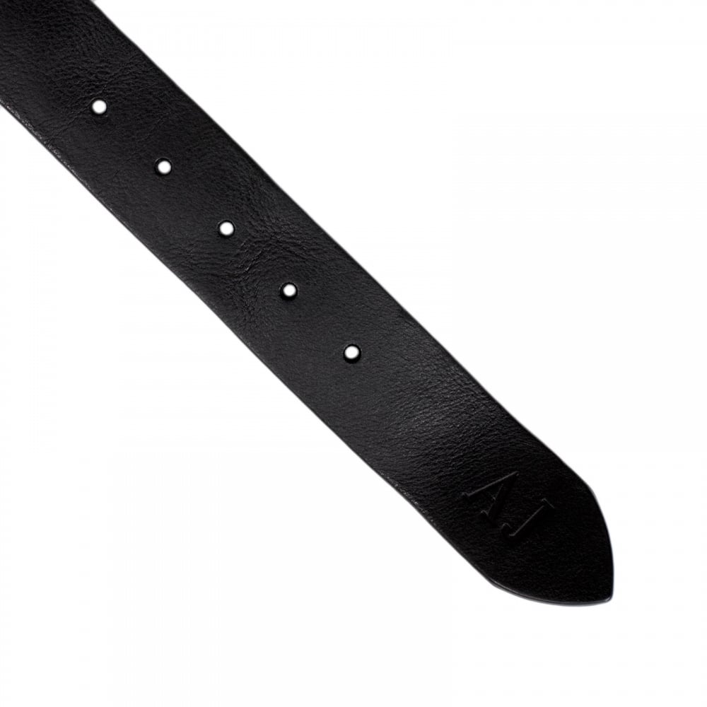 Black Leather Casual Belt for Men with Pointed Belt Tip and Signature Eagle Logo on Belt Loop in Silver