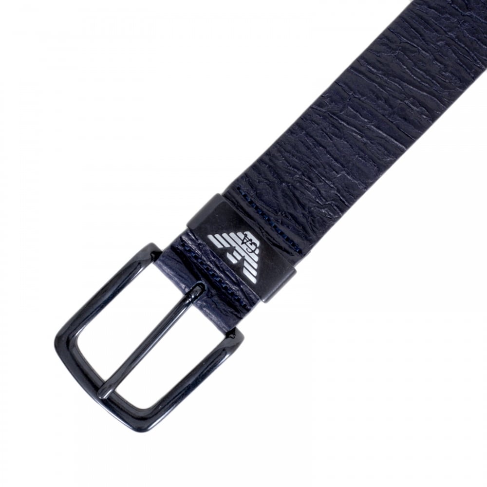 Mens Dark Navy Blue Casual Leather Belt with Silver Signature Eagle Logo Embossed Metal Belt Loop