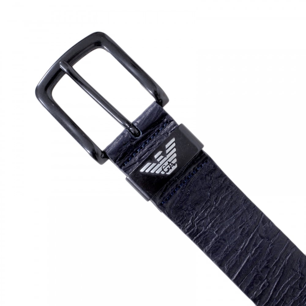 Mens Dark Navy Blue Casual Leather Belt with Silver Signature Eagle Logo Embossed Metal Belt Loop