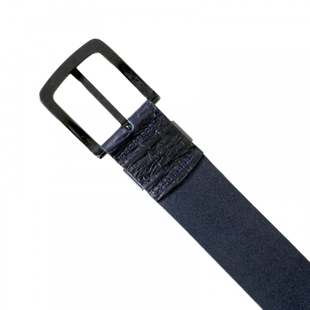 Mens Dark Navy Blue Casual Leather Belt with Silver Signature Eagle Logo Embossed Metal Belt Loop