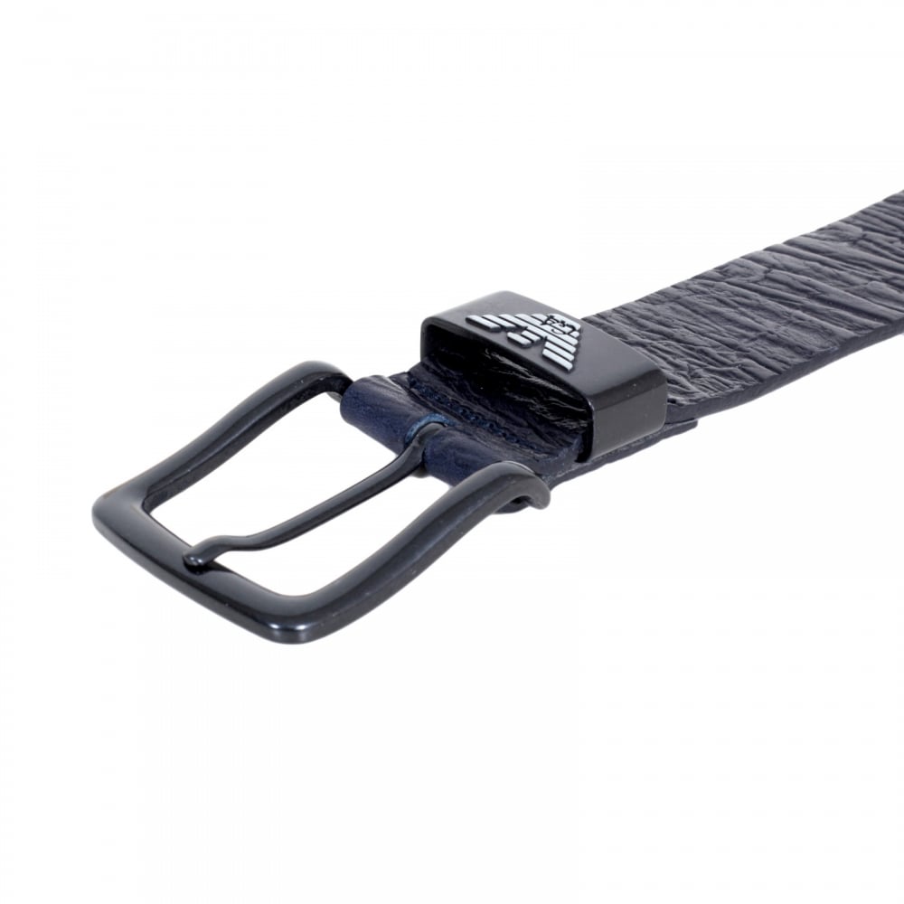 Mens Dark Navy Blue Casual Leather Belt with Silver Signature Eagle Logo Embossed Metal Belt Loop