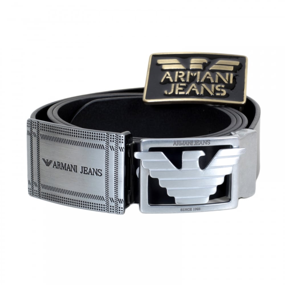 Leather Belt in Black for Men with 3 Interchangeable Buckles and Smooth Leather Finish