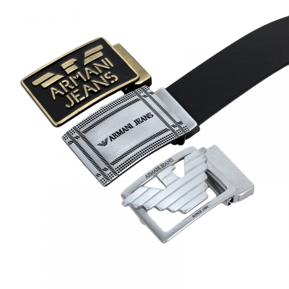 Leather Belt in Black for Men with 3 Interchangeable Buckles and Smooth Leather Finish