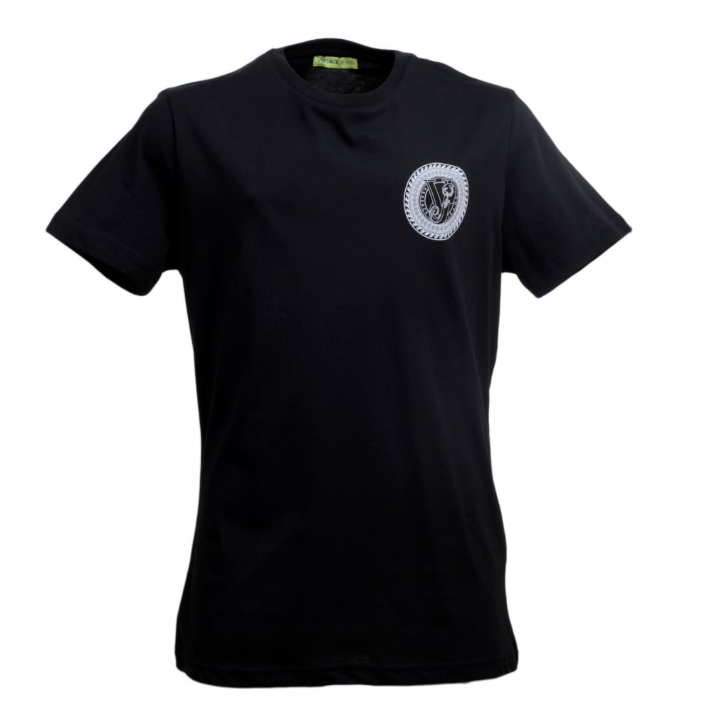 Mens Short Sleeve Crew Neck Slimmer Fit Black T Shirt with White Printed Logo on Chest
