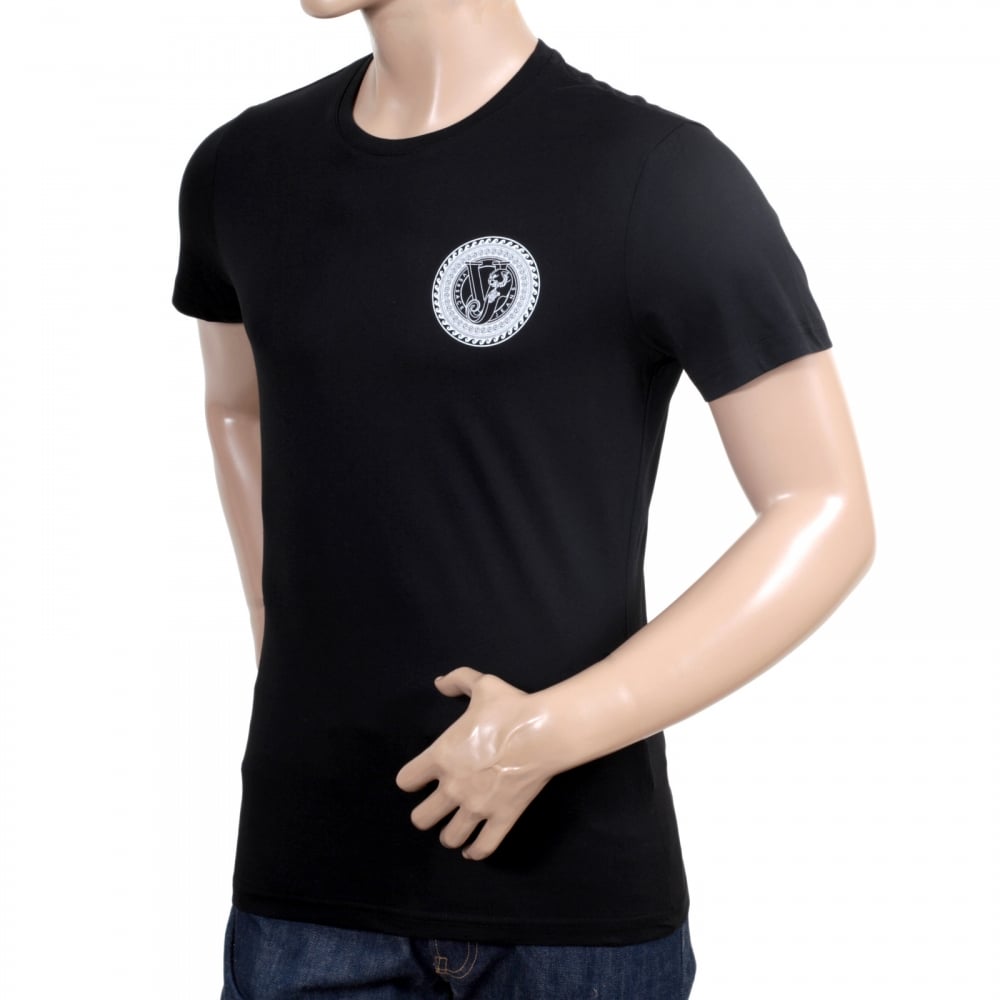 Mens Short Sleeve Crew Neck Slimmer Fit Black T Shirt with White Printed Logo on Chest