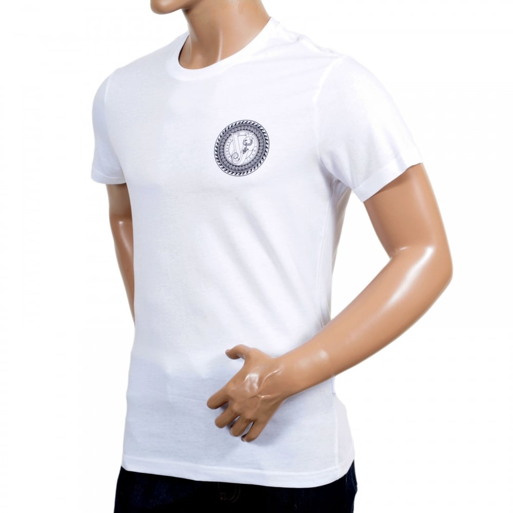 Short Sleeve Crew Neck Cotton Slimmer Fit White T Shirt with Black Logo Print on the Chest