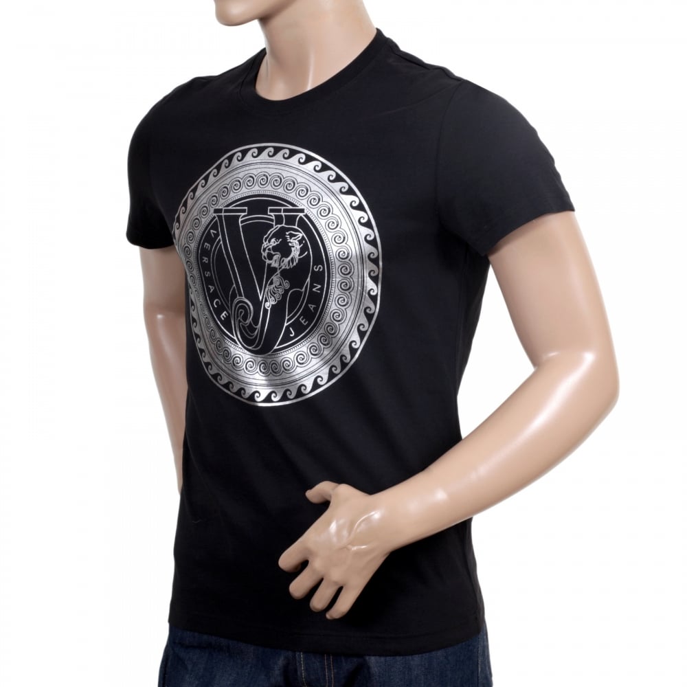Black Slimmer fit Crew Neck T Shirt with Large Silver Coloured Logo Print on Chest