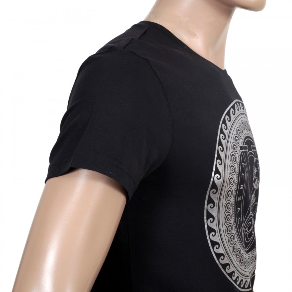 Black Slimmer fit Crew Neck T Shirt with Large Silver Coloured Logo Print on Chest