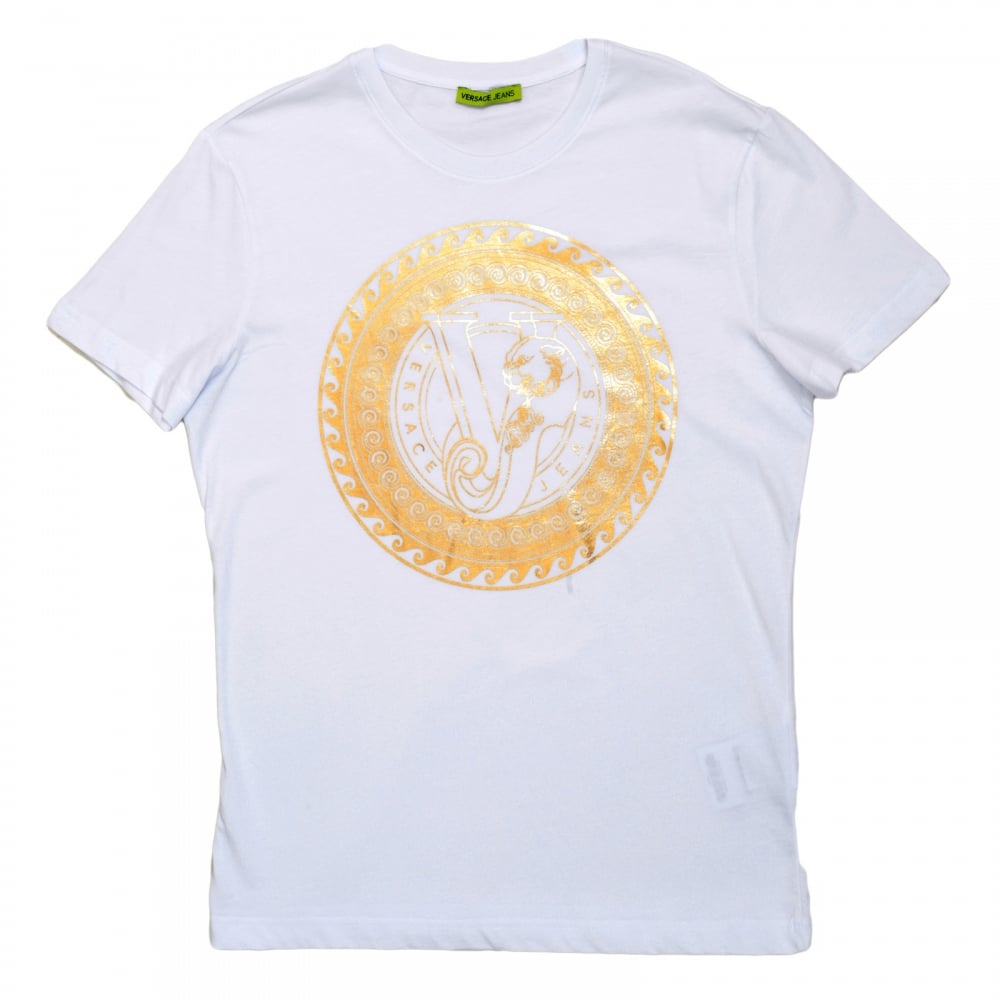White Short Sleeve Cotton Made Crew Neck T Shirt with Gold Logo Print on the Chest
