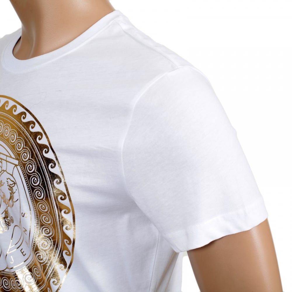 White Short Sleeve Cotton Made Crew Neck T Shirt with Gold Logo Print on the Chest