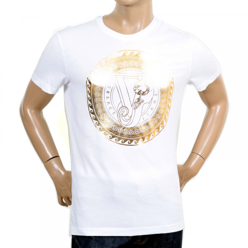 White Short Sleeve Cotton Made Crew Neck T Shirt with Gold Logo Print on the Chest