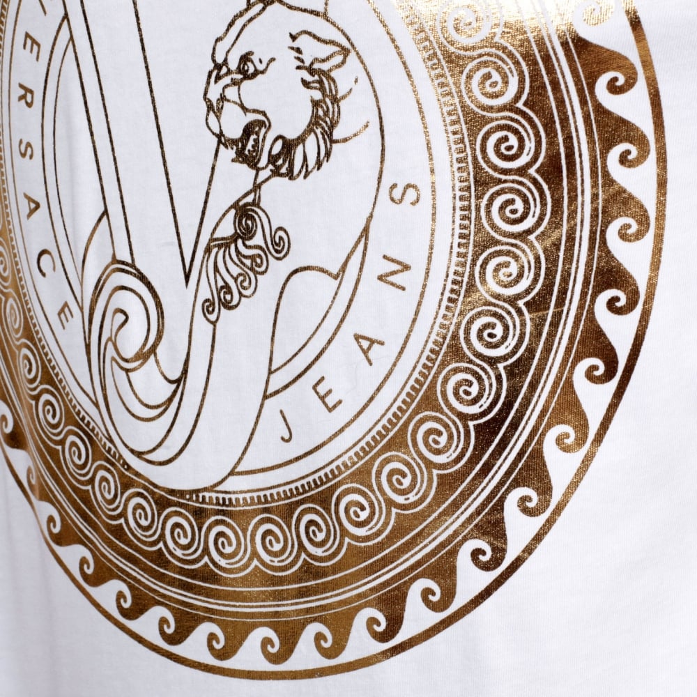 White Short Sleeve Cotton Made Crew Neck T Shirt with Gold Logo Print on the Chest