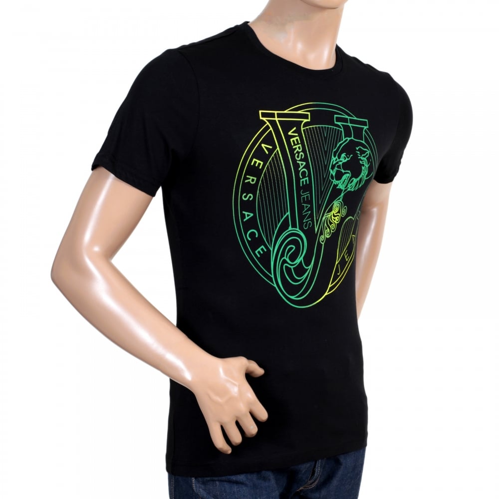 Black Short Sleeve Slimmer Fit Crew Neck T Shirt with Green Printed Logo on the Chest