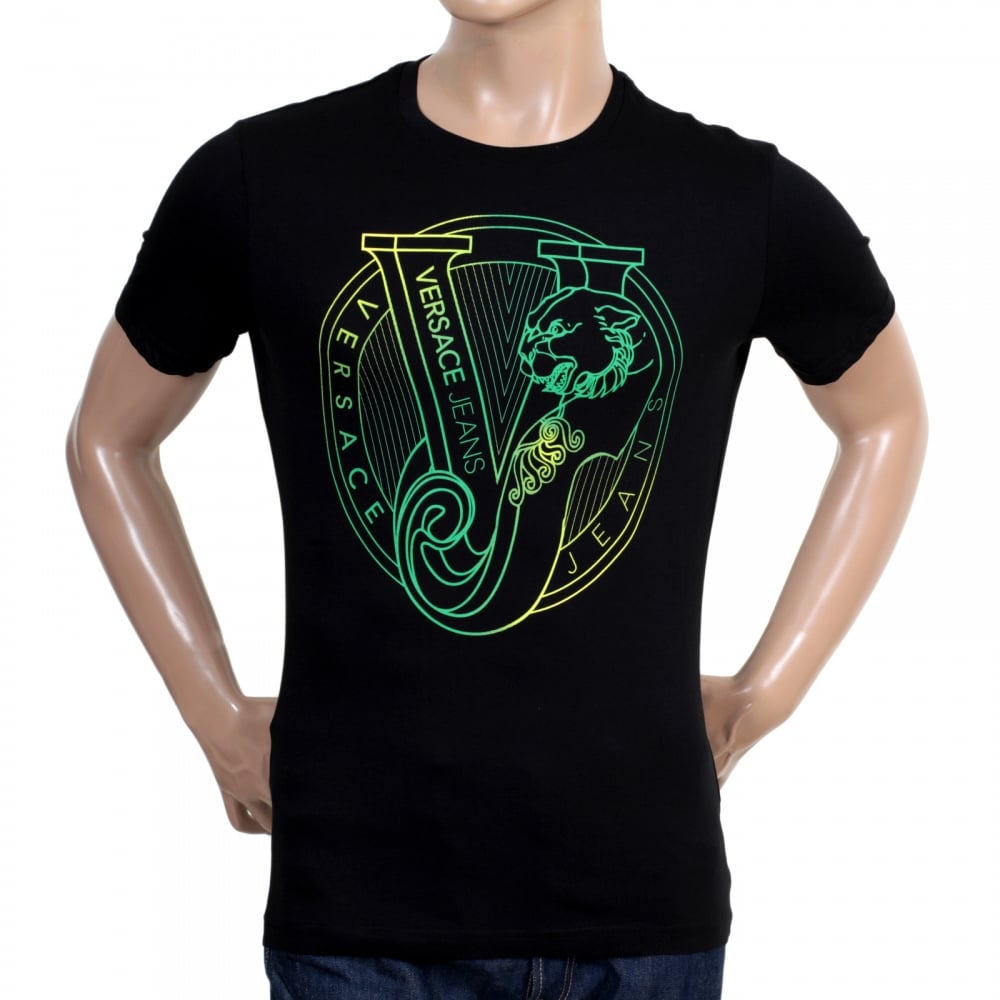 Black Short Sleeve Slimmer Fit Crew Neck T Shirt with Green Printed Logo on the Chest