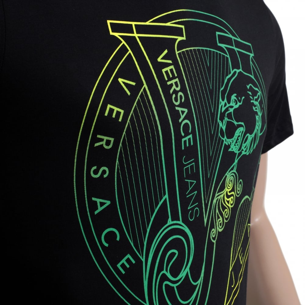 Black Short Sleeve Slimmer Fit Crew Neck T Shirt with Green Printed Logo on the Chest
