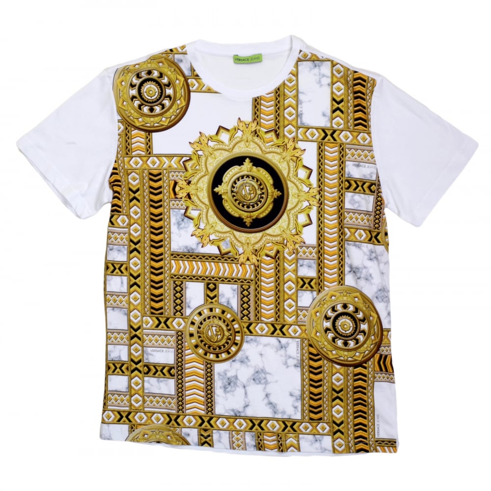 Mens Short Sleeve Cotton Made Crew Neck T Shirt in White with Classic Gold and Black Signature Print