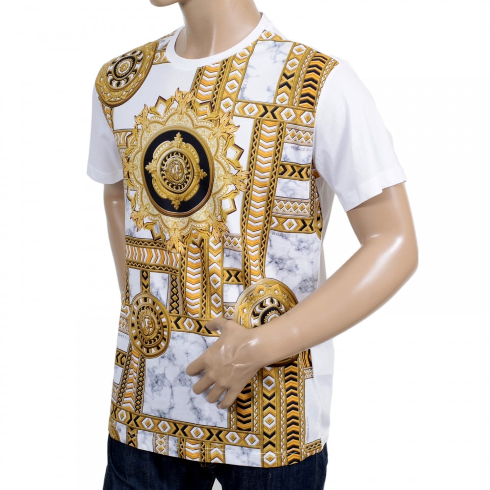 Mens Short Sleeve Cotton Made Crew Neck T Shirt in White with Classic Gold and Black Signature Print
