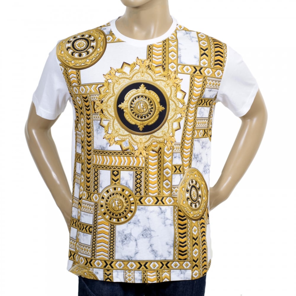 Mens Short Sleeve Cotton Made Crew Neck T Shirt in White with Classic Gold and Black Signature Print