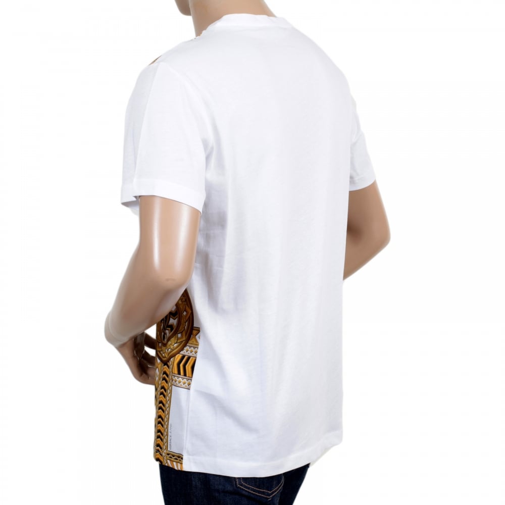 Mens Short Sleeve Cotton Made Crew Neck T Shirt in White with Classic Gold and Black Signature Print