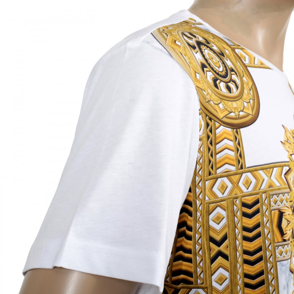 Mens Short Sleeve Cotton Made Crew Neck T Shirt in White with Classic Gold and Black Signature Print