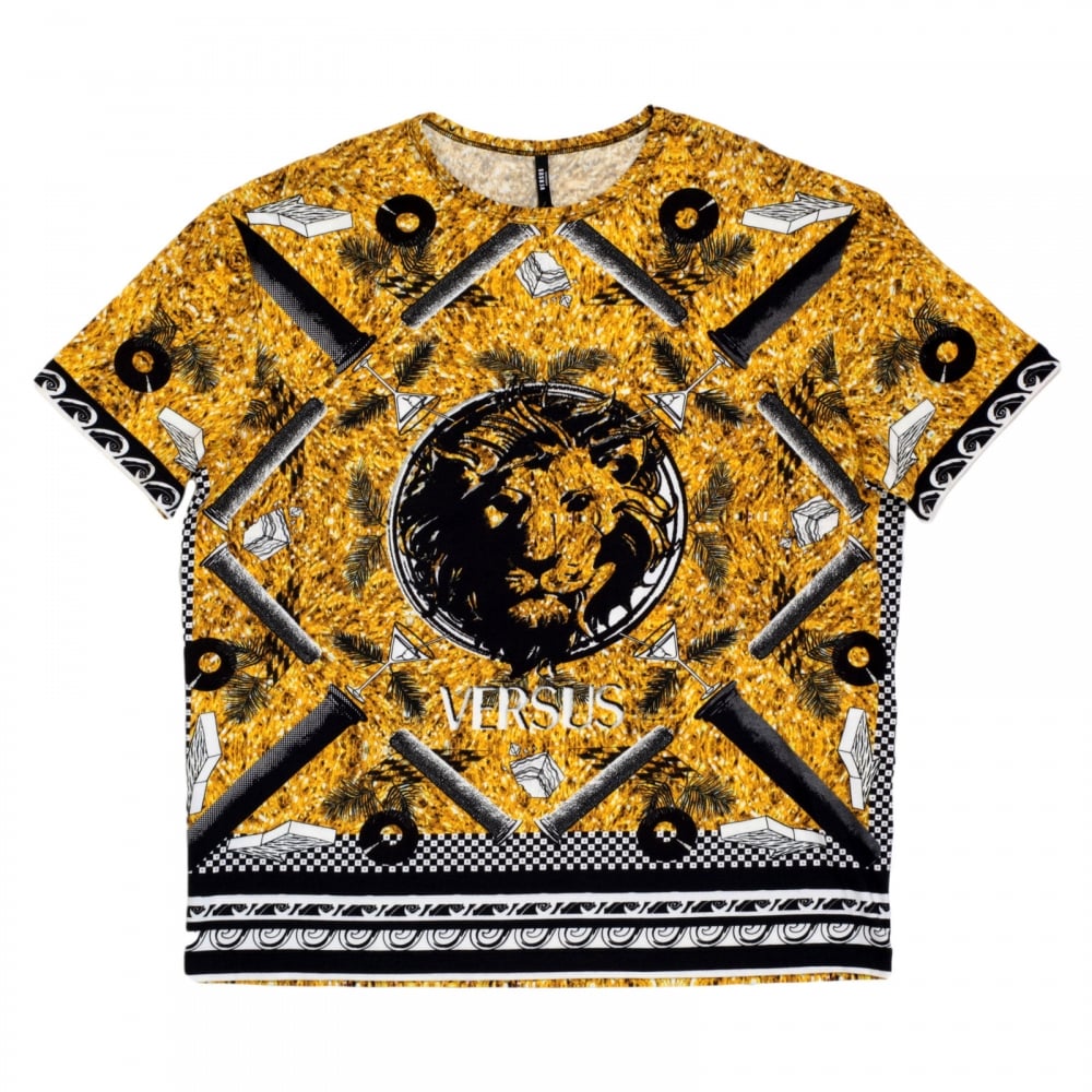 Mens Slimmer Fit Stretch Cotton Made Short Sleeve Crew Neck T Shirt with Custom Gold and Black Print