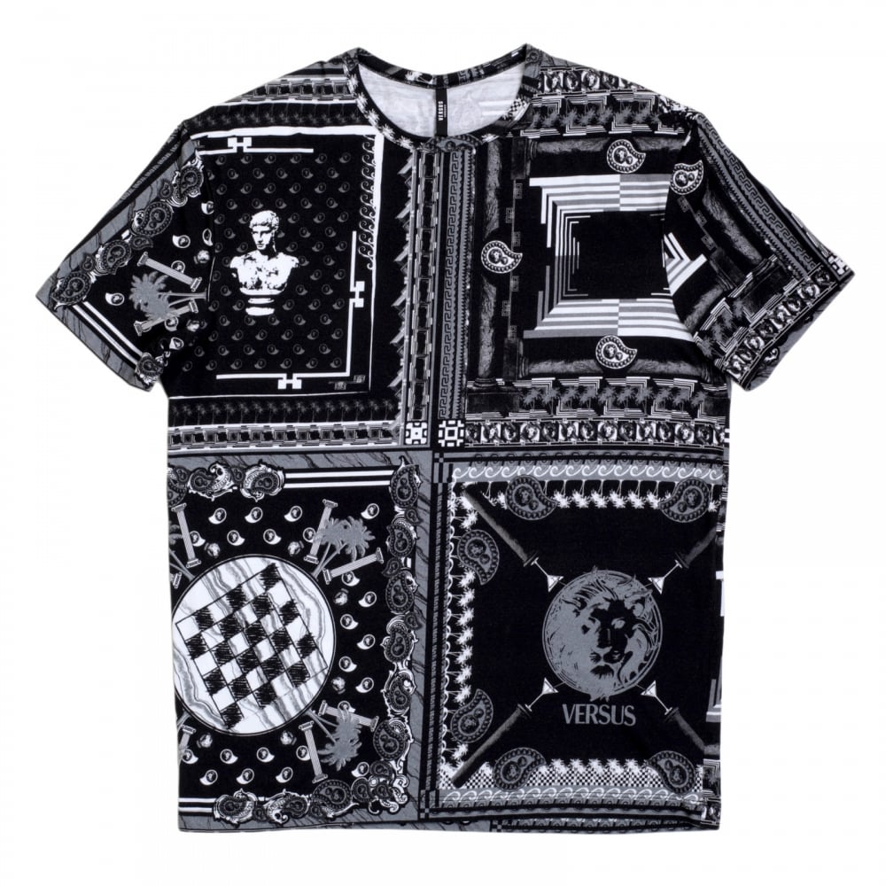 Mens Short Sleeve Stretch Cotton Slimmer Fit Crew Neck T Shirt with Black and White Print