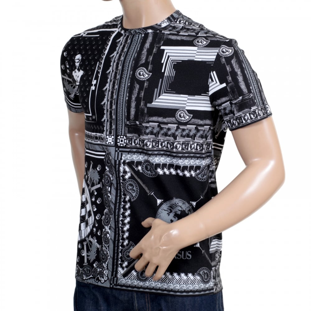 Mens Short Sleeve Stretch Cotton Slimmer Fit Crew Neck T Shirt with Black and White Print