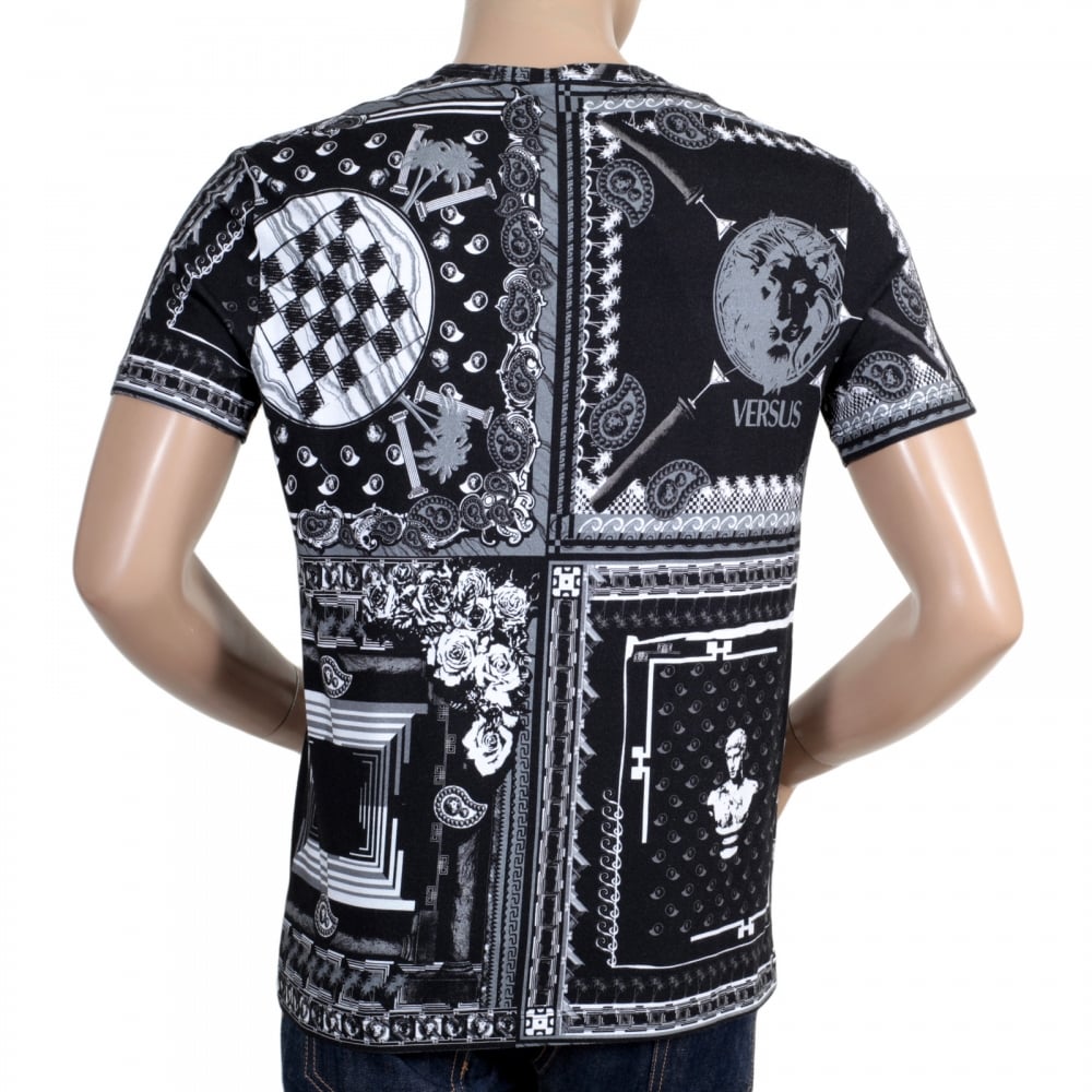 Mens Short Sleeve Stretch Cotton Slimmer Fit Crew Neck T Shirt with Black and White Print