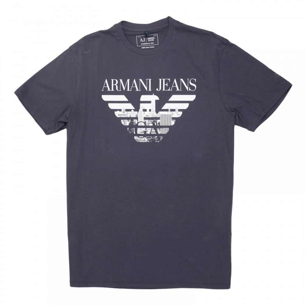 Mens Classic Fit Crew Neck Cotton Made Short Sleeve Black T Shirt with Eagle Logo Print