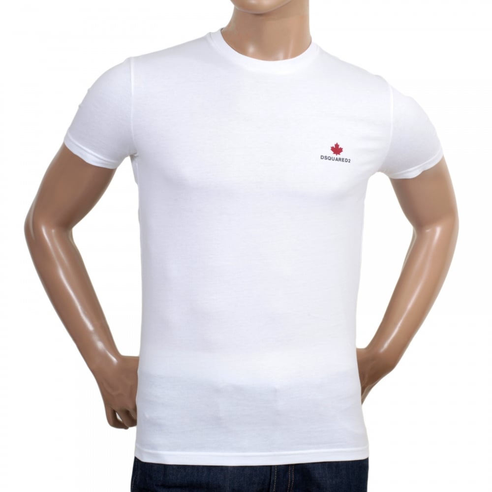 Mens White Short Sleeve Cotton Crew Neck T Shirt with Maple Leaf and Black Text Chest Logo