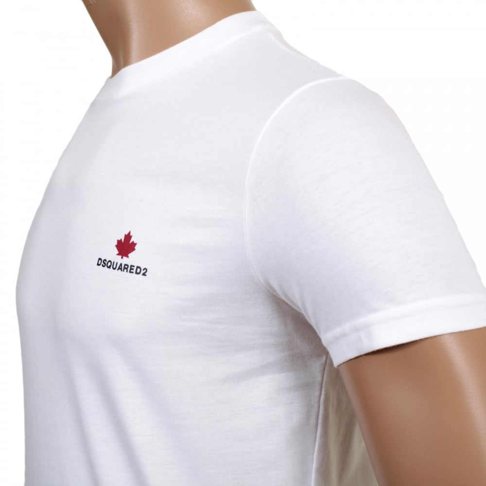 Mens White Short Sleeve Cotton Crew Neck T Shirt with Maple Leaf and Black Text Chest Logo