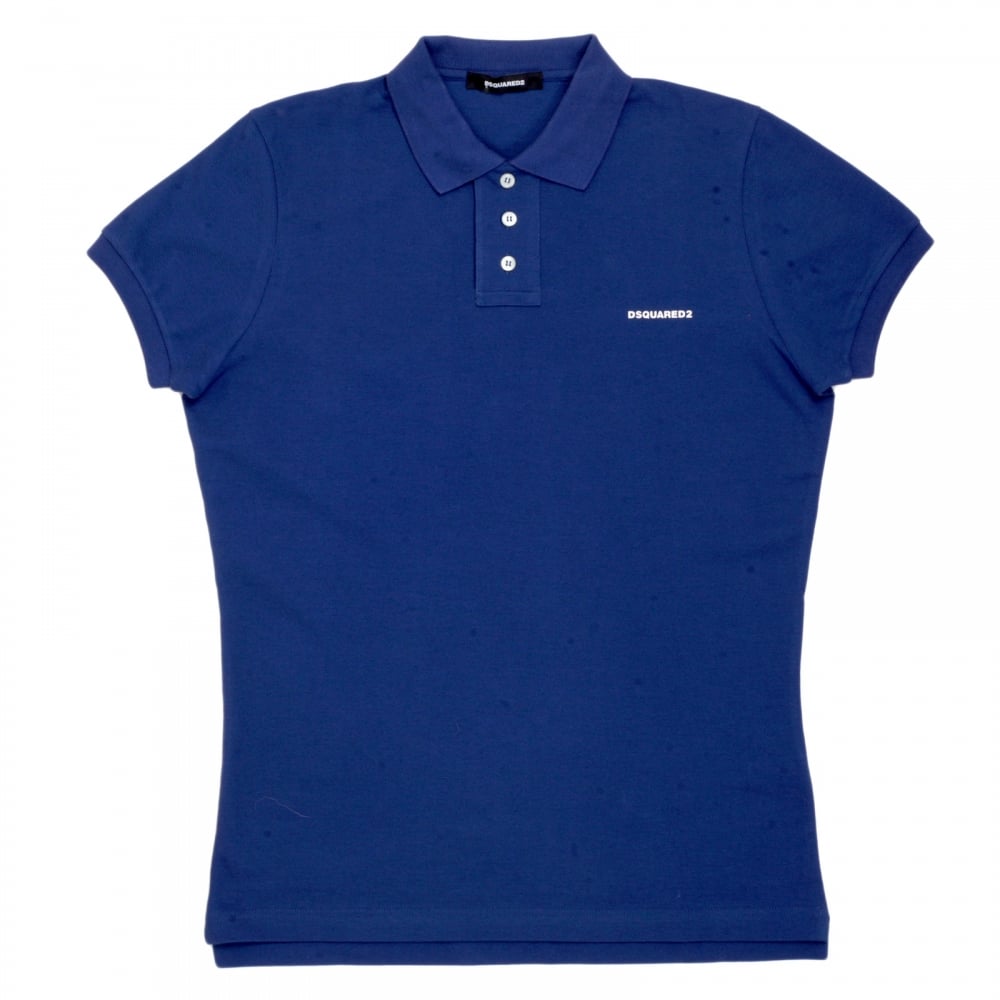Mens Short Sleeve Cotton Pique Blue Polo Shirt with White Brand Chest Text Logo and Ribbed Collar