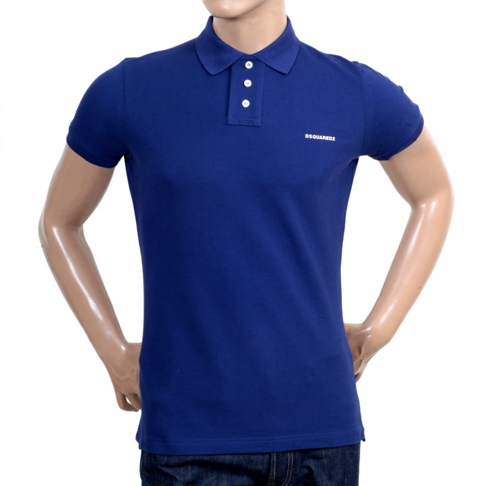 Mens Short Sleeve Cotton Pique Blue Polo Shirt with White Brand Chest Text Logo and Ribbed Collar