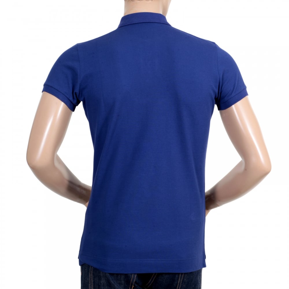 Mens Short Sleeve Cotton Pique Blue Polo Shirt with White Brand Chest Text Logo and Ribbed Collar