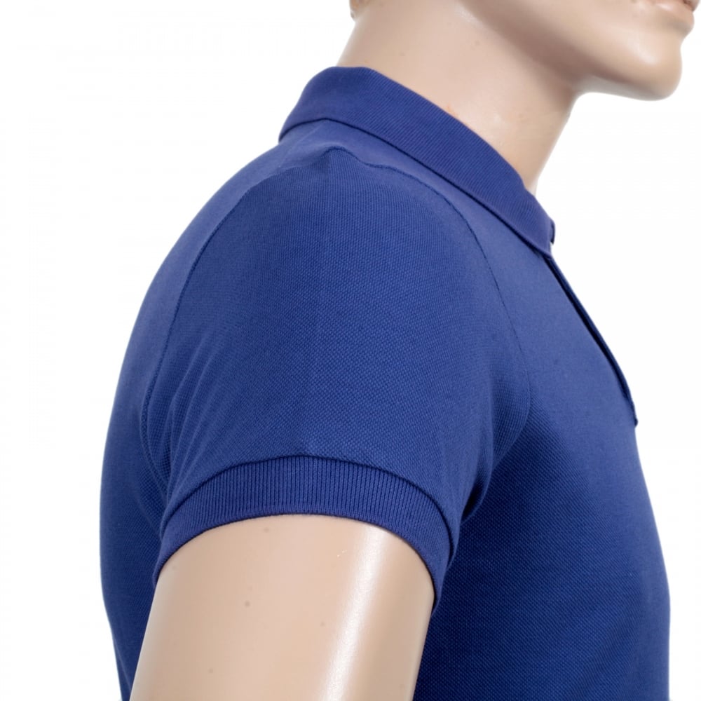 Mens Short Sleeve Cotton Pique Blue Polo Shirt with White Brand Chest Text Logo and Ribbed Collar