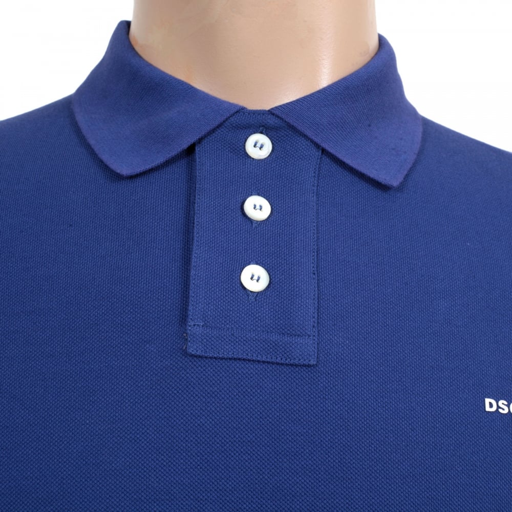 Mens Short Sleeve Cotton Pique Blue Polo Shirt with White Brand Chest Text Logo and Ribbed Collar