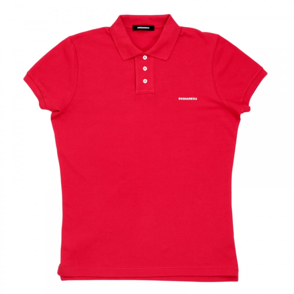 Mens Pique Short Sleeve Three Button Cotton Polo Shirt in Red with White Brand Text Logo and Chest