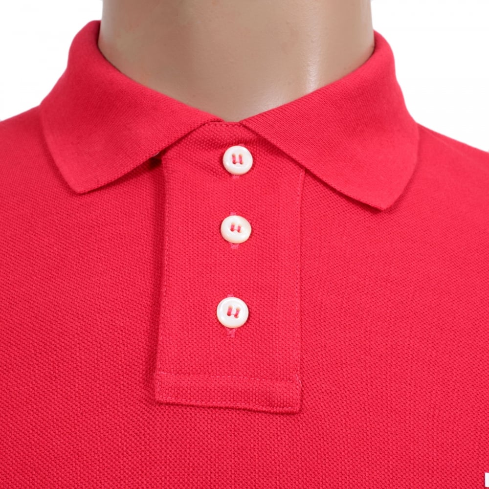 Mens Pique Short Sleeve Three Button Cotton Polo Shirt in Red with White Brand Text Logo and Chest